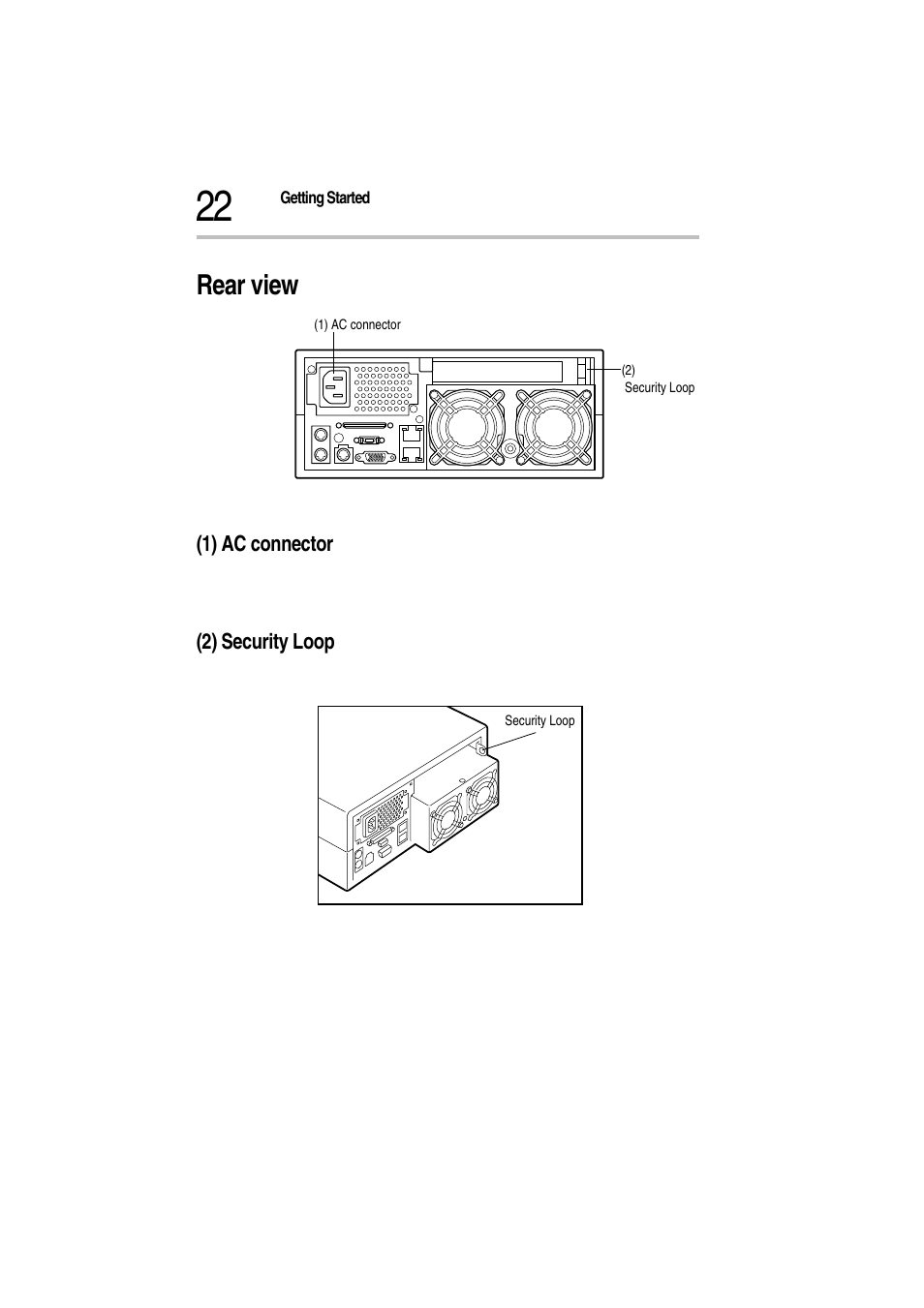 Rear view, Rear view of the server, 2) security loop | 1) ac connector (2) security loop | Toshiba Magnia Z300 User Manual | Page 44 / 272