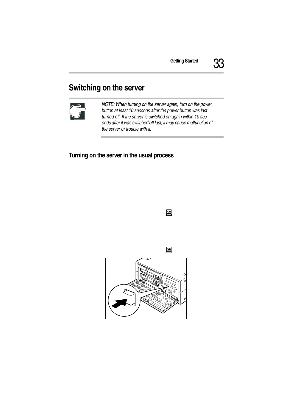 Switching on the server, Turning on the server in the usual process, 3 turn on the display | 4 open the front panel, 5 press the power/sleep button, Pressing the power/sleep button | Toshiba Magnia Z300 User Manual | Page 55 / 272