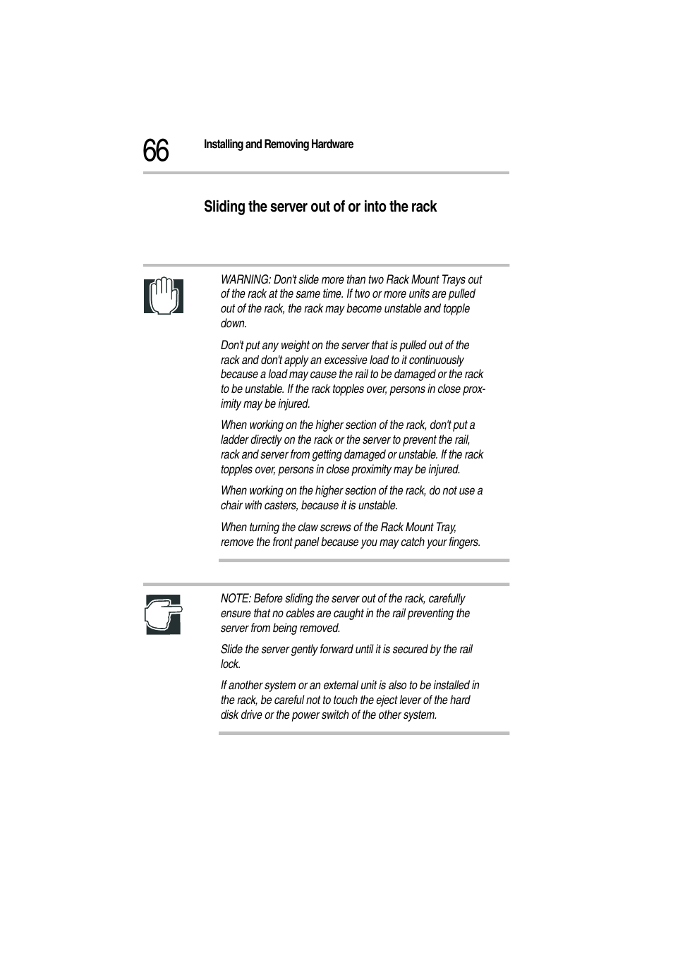 Sliding the server out of or into the rack | Toshiba Magnia Z300 User Manual | Page 88 / 272