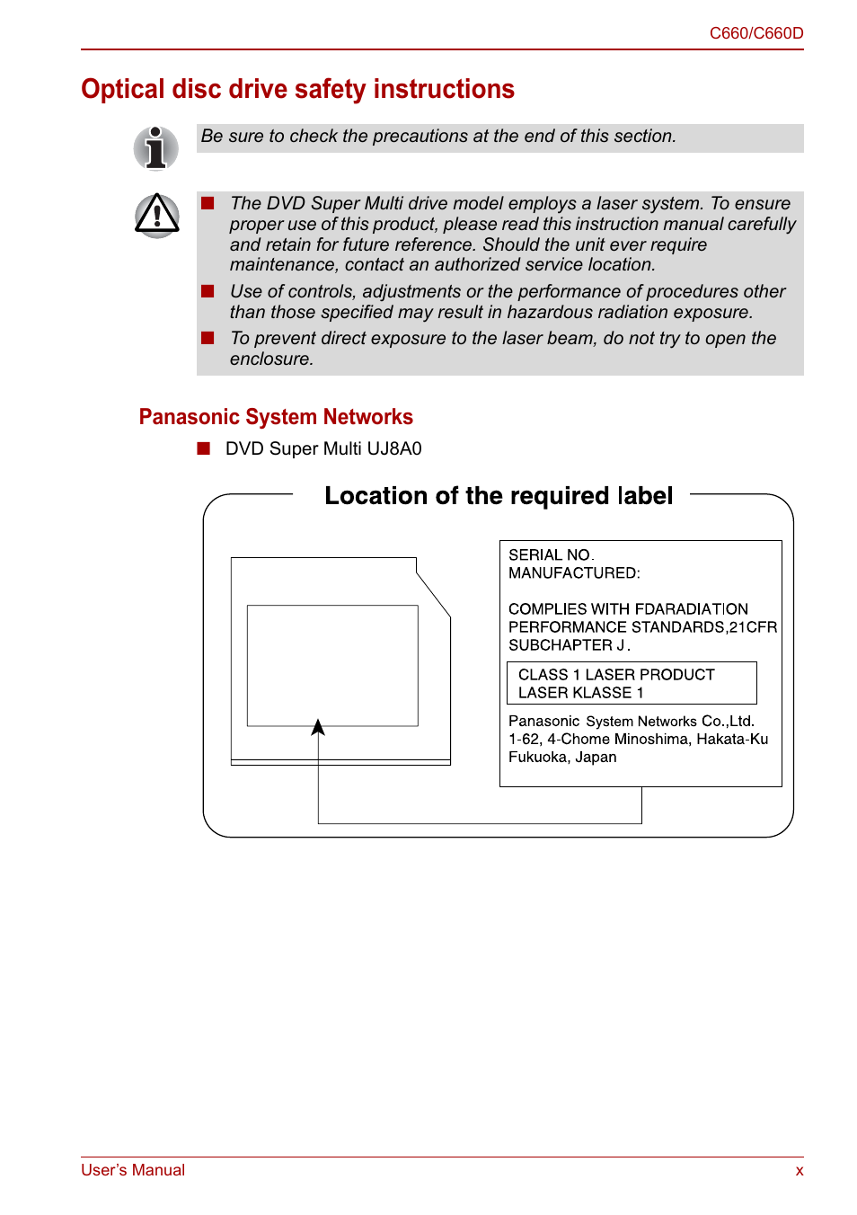 Optical disc drive safety instructions, Panasonic system networks | Toshiba Satellite Pro C660D User Manual | Page 10 / 153
