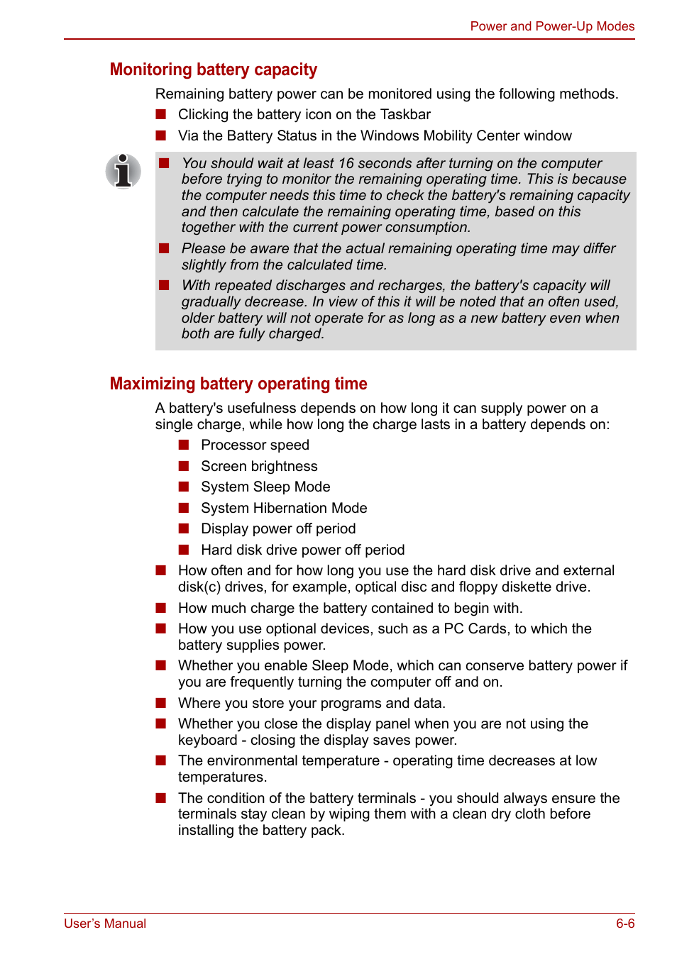 Monitoring battery capacity, Maximizing battery operating time | Toshiba Satellite Pro C660D User Manual | Page 101 / 153