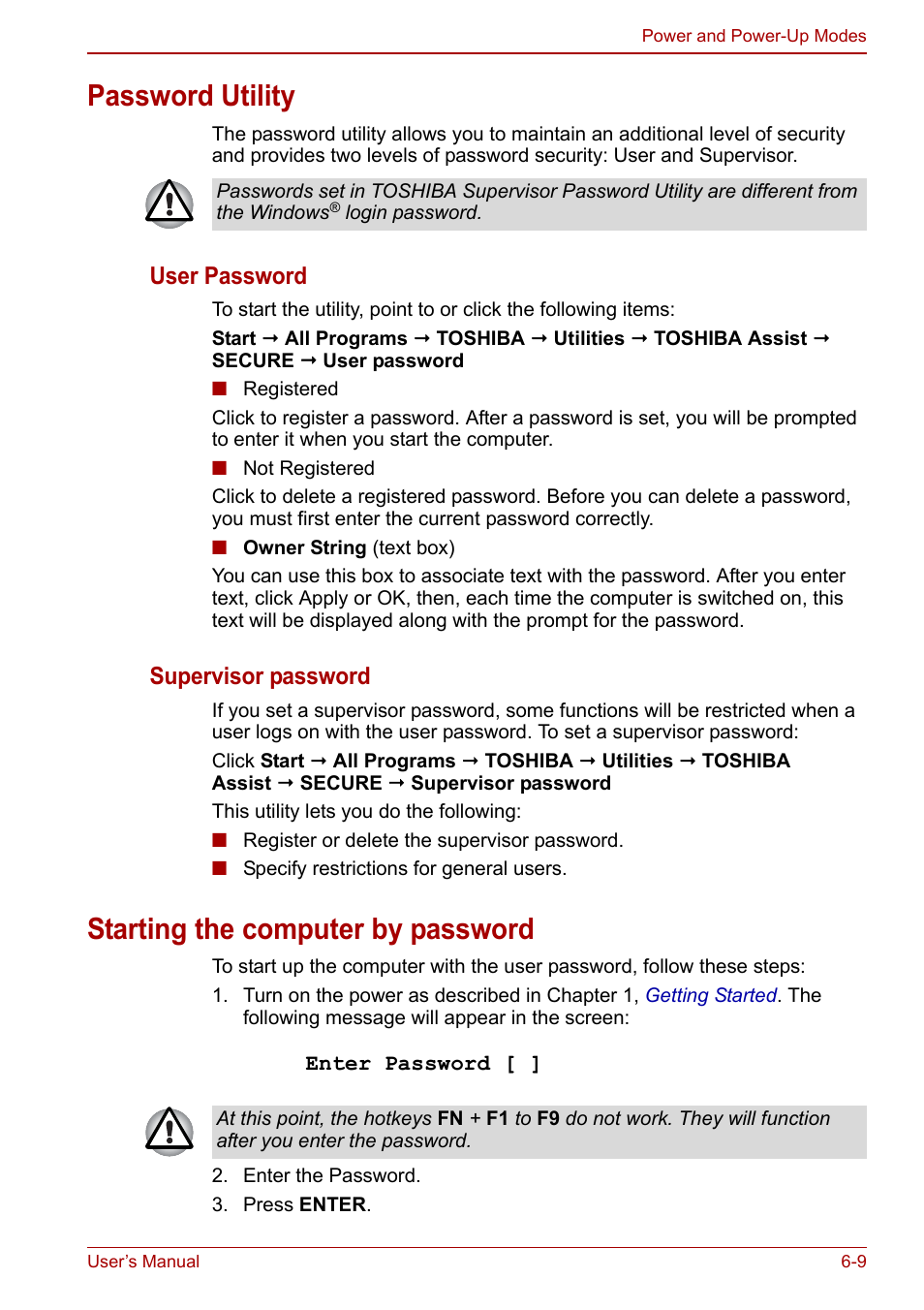 Password utility, Starting the computer by password, User password | Supervisor password | Toshiba Satellite Pro C660D User Manual | Page 104 / 153