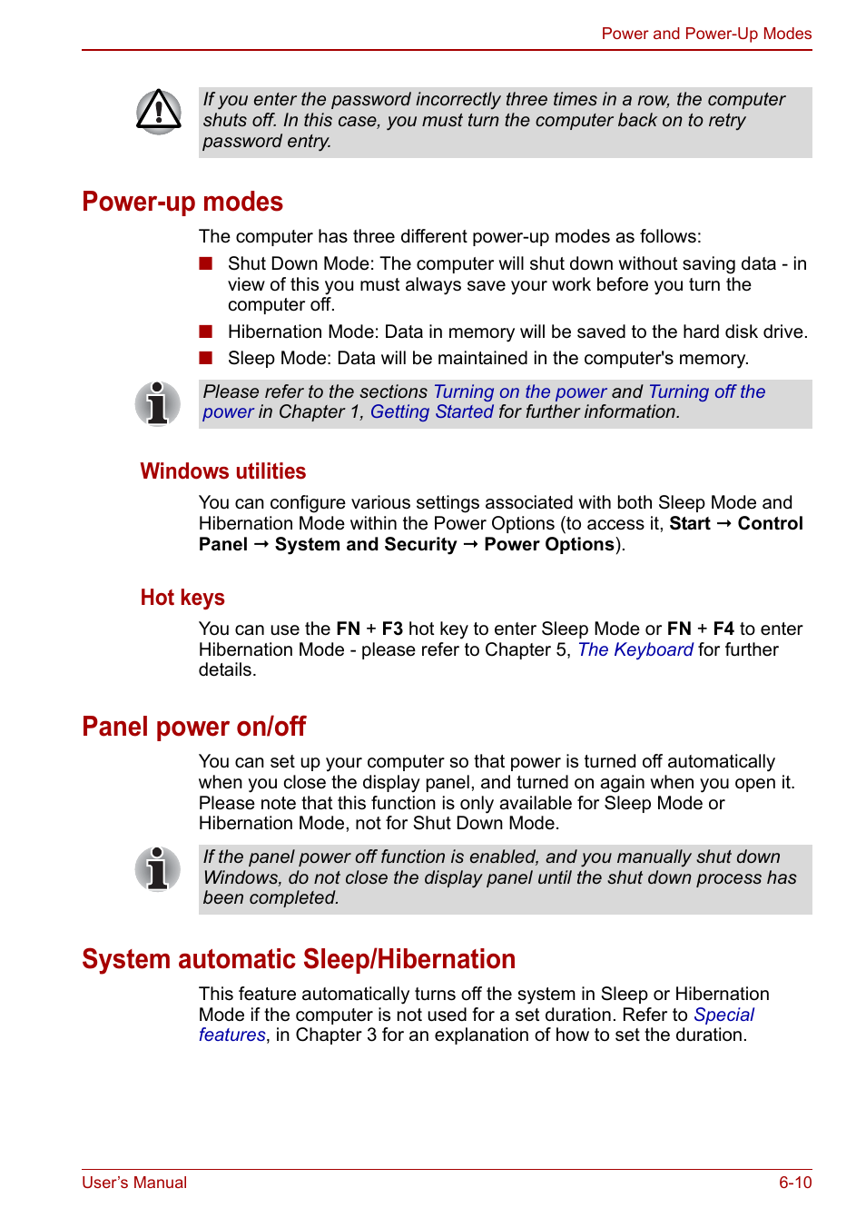 Power-up modes, Panel power on/off, System automatic sleep/hibernation | Toshiba Satellite Pro C660D User Manual | Page 105 / 153