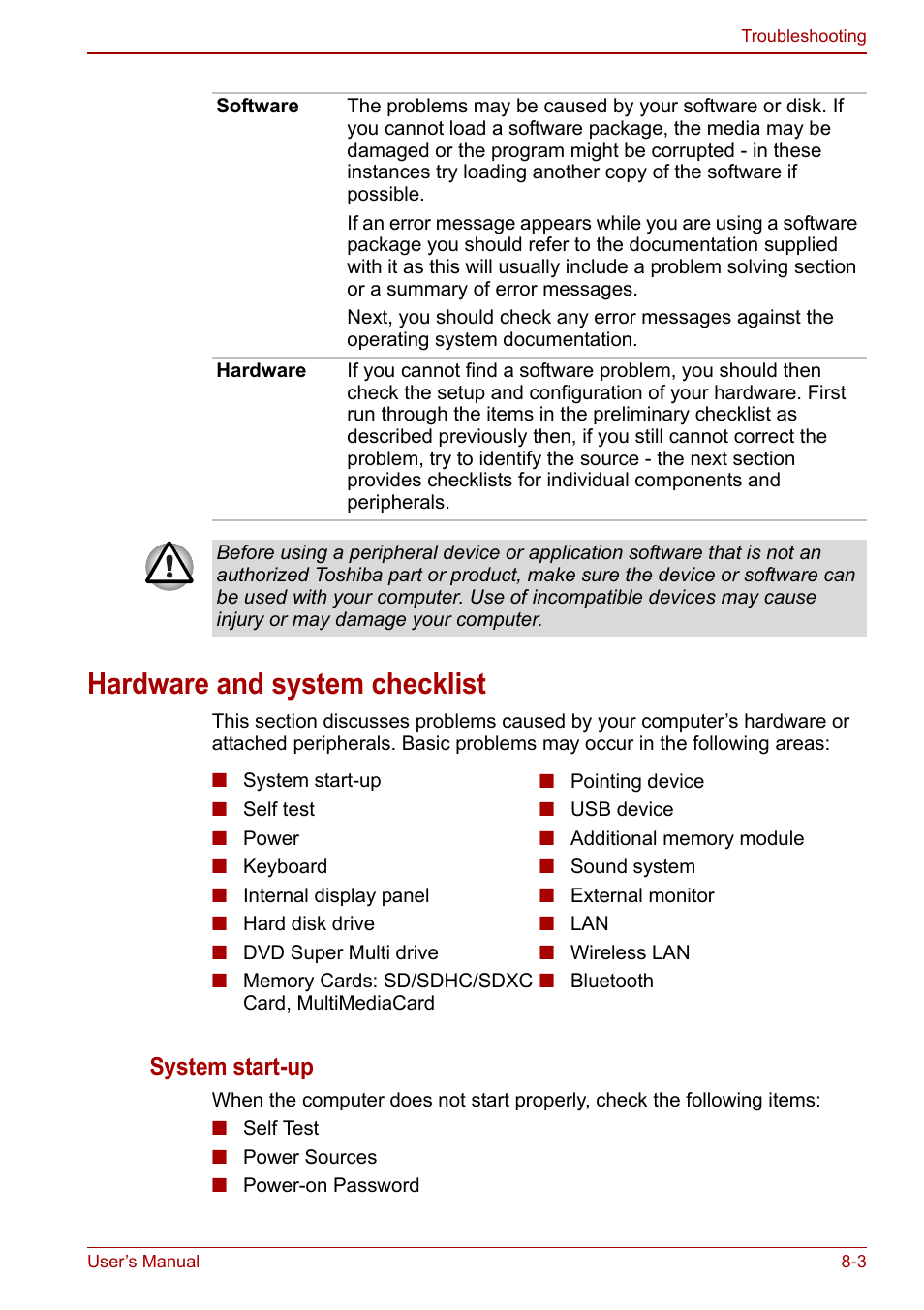 Hardware and system checklist, Hardware and system checklist -3, System start-up | Toshiba Satellite Pro C660D User Manual | Page 113 / 153