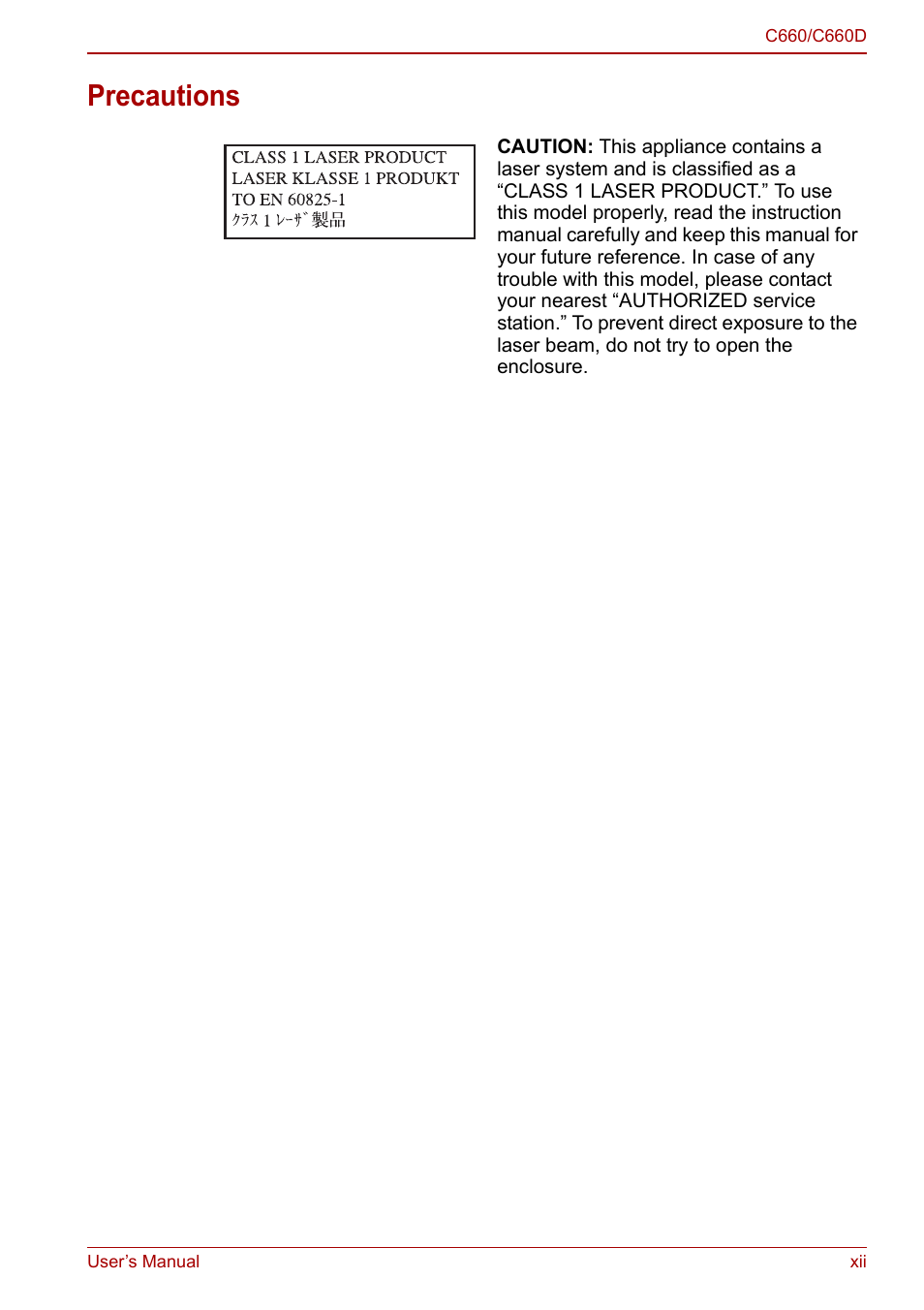 Precautions | Toshiba Satellite Pro C660D User Manual | Page 12 / 153