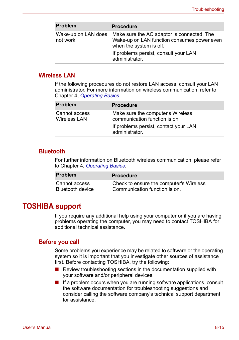 Toshiba support, Toshiba support -15, Wireless lan | Bluetooth, Before you call | Toshiba Satellite Pro C660D User Manual | Page 125 / 153