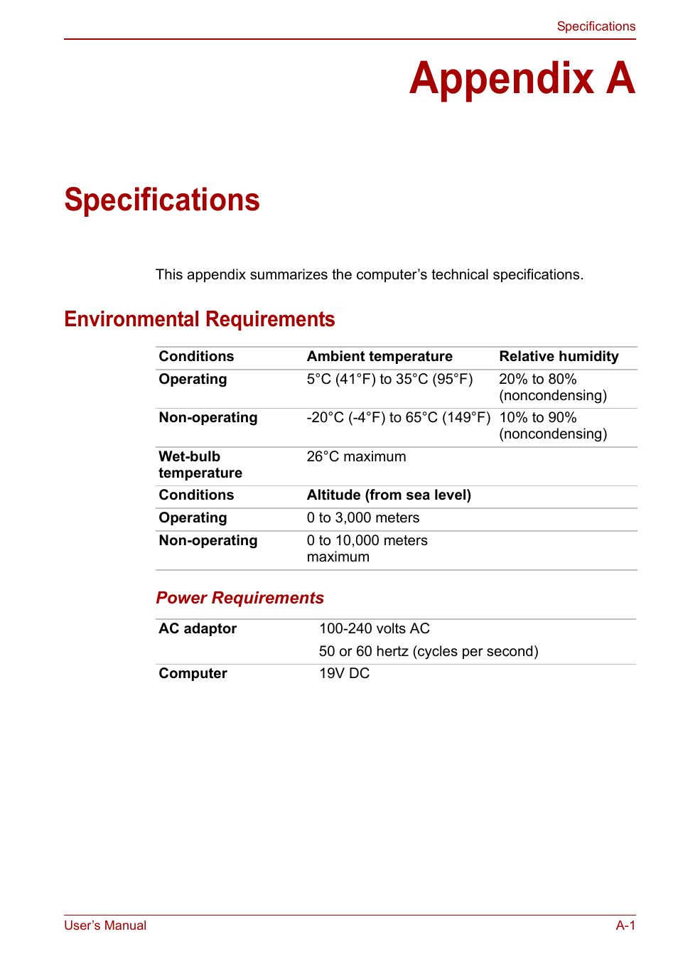 Appendix a: specifications, Appendix a, Specifications | Environmental requirements | Toshiba Satellite Pro C660D User Manual | Page 127 / 153