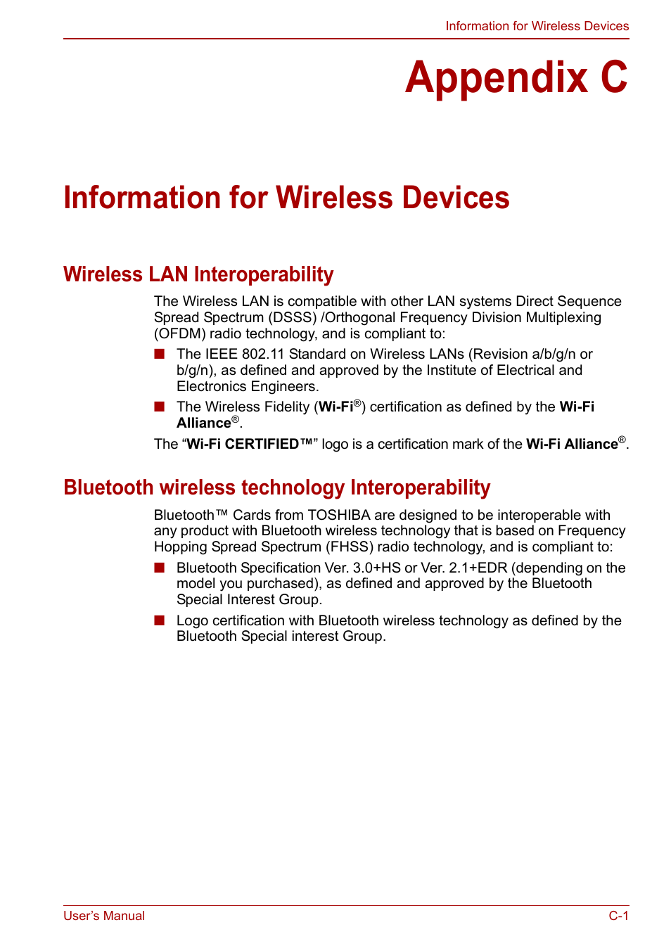 Appendix c: information for wireless devices, Appendix c, Information for wireless devices | Wireless lan interoperability, Bluetooth wireless technology interoperability | Toshiba Satellite Pro C660D User Manual | Page 129 / 153