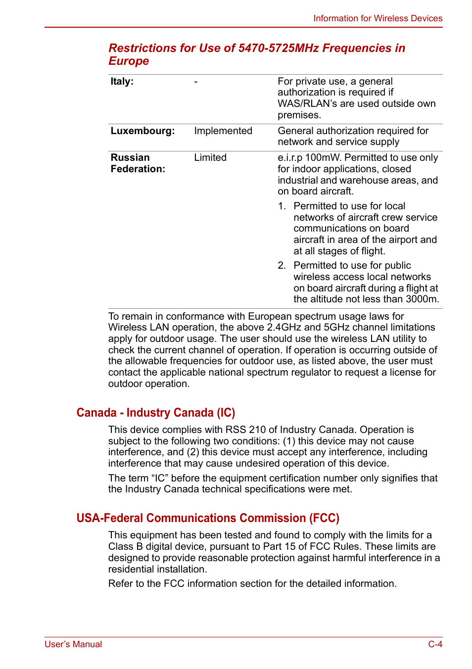 Canada - industry canada (ic), Usa-federal communications commission (fcc) | Toshiba Satellite Pro C660D User Manual | Page 132 / 153