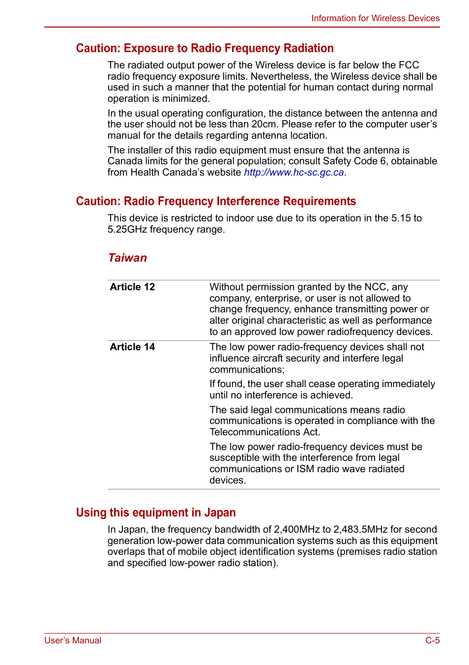 Caution: exposure to radio frequency radiation, Caution: radio frequency interference requirements, Using this equipment in japan | Toshiba Satellite Pro C660D User Manual | Page 133 / 153