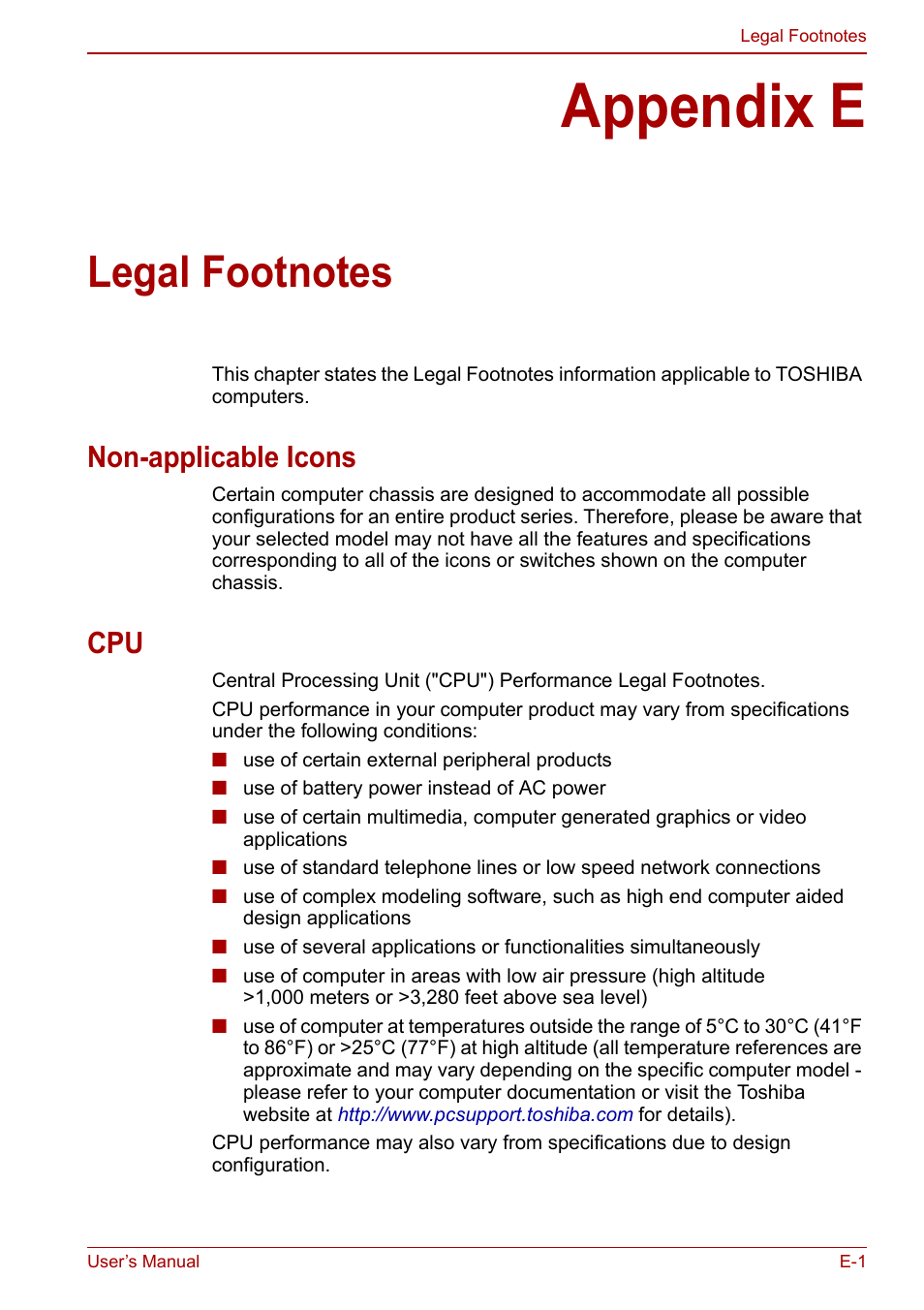Appendix e: legal footnotes, Appendix e, Legal footnotes | Non-applicable icons | Toshiba Satellite Pro C660D User Manual | Page 143 / 153