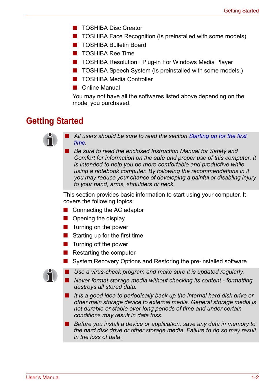 Getting started, Getting started -2 | Toshiba Satellite Pro C660D User Manual | Page 20 / 153