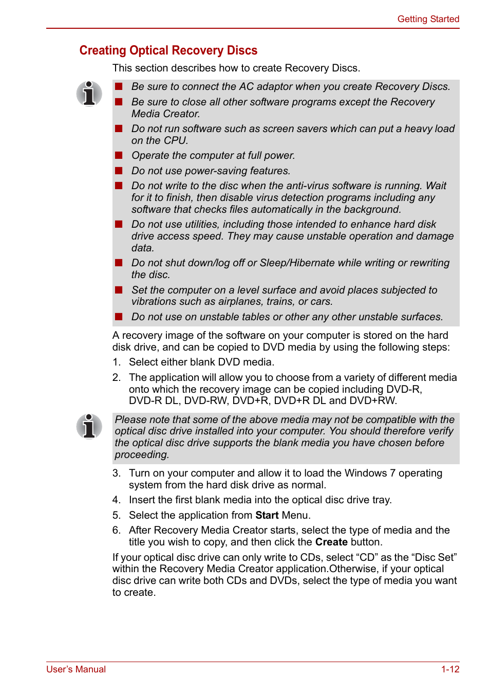 Creating optical recovery discs | Toshiba Satellite Pro C660D User Manual | Page 30 / 153