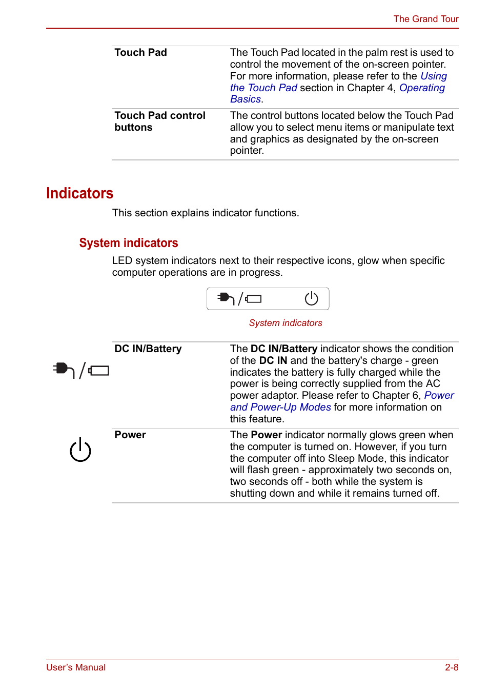 Indicators, Indicators -8, System | System indicators | Toshiba Satellite Pro C660D User Manual | Page 40 / 153