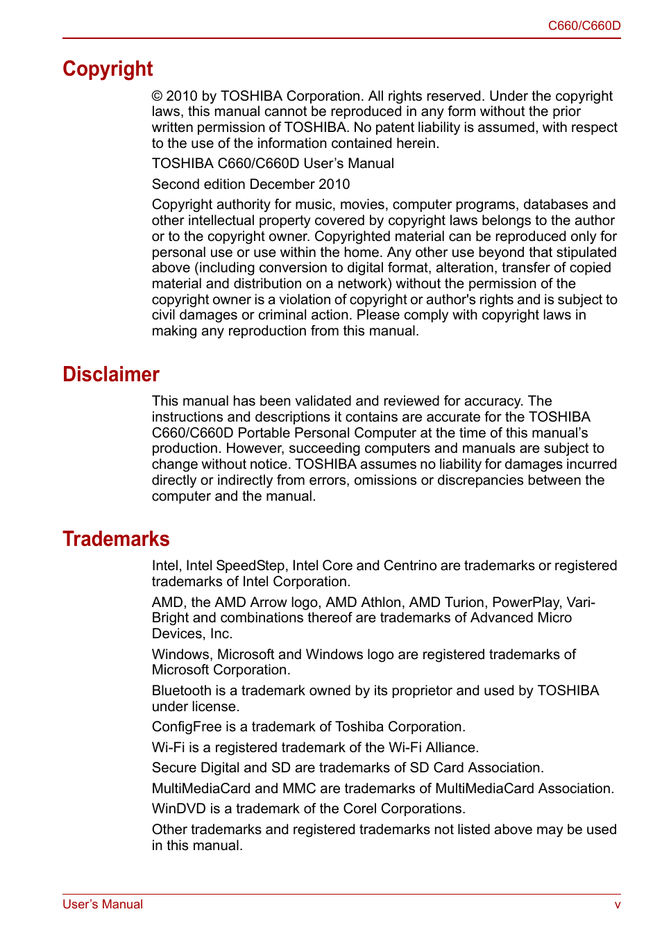 Copyright, Disclaimer, Trademarks | Toshiba Satellite Pro C660D User Manual | Page 5 / 153