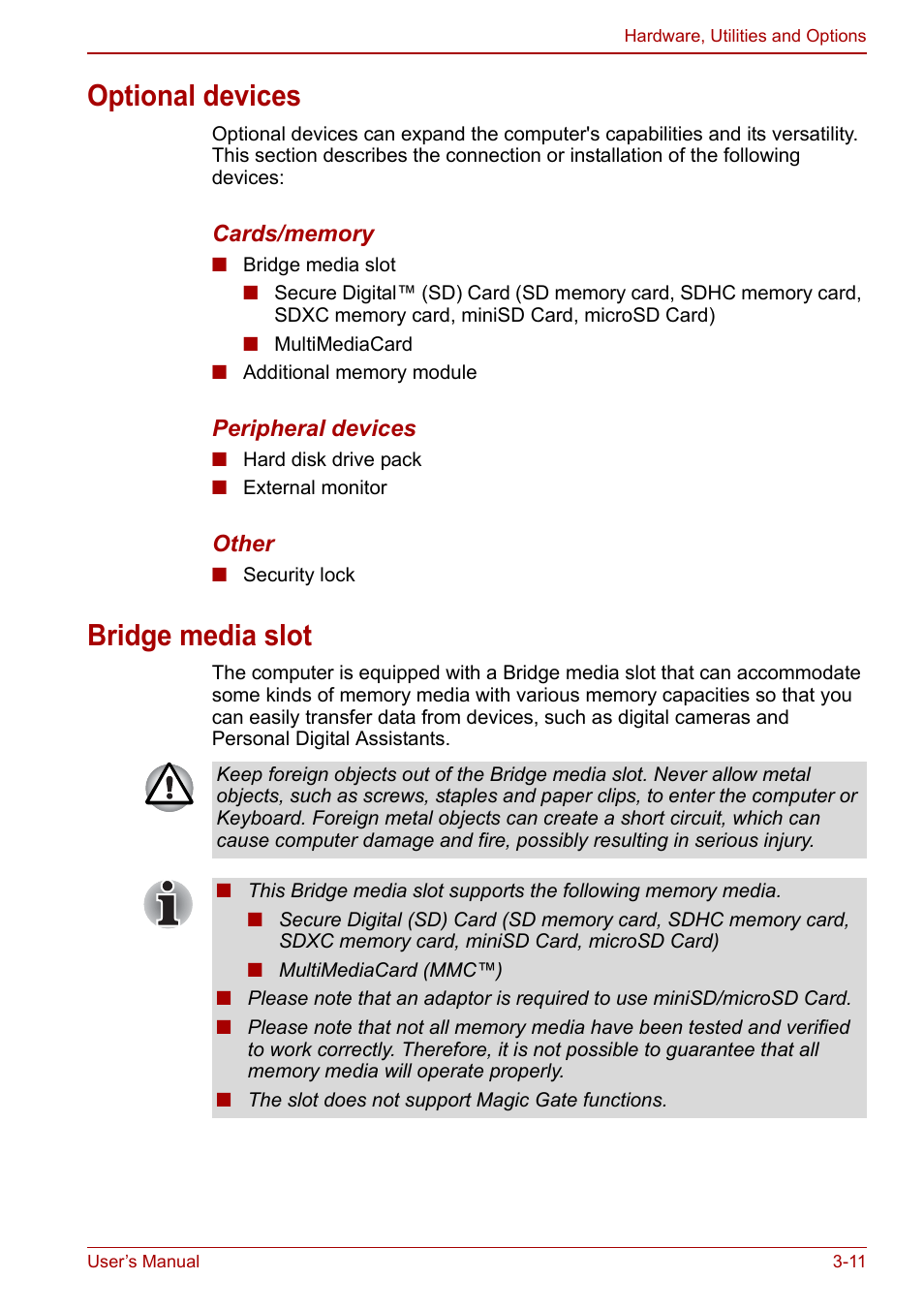 Optional devices, Bridge media slot, Optional devices -11 bridge media slot -11 | Toshiba Satellite Pro C660D User Manual | Page 55 / 153