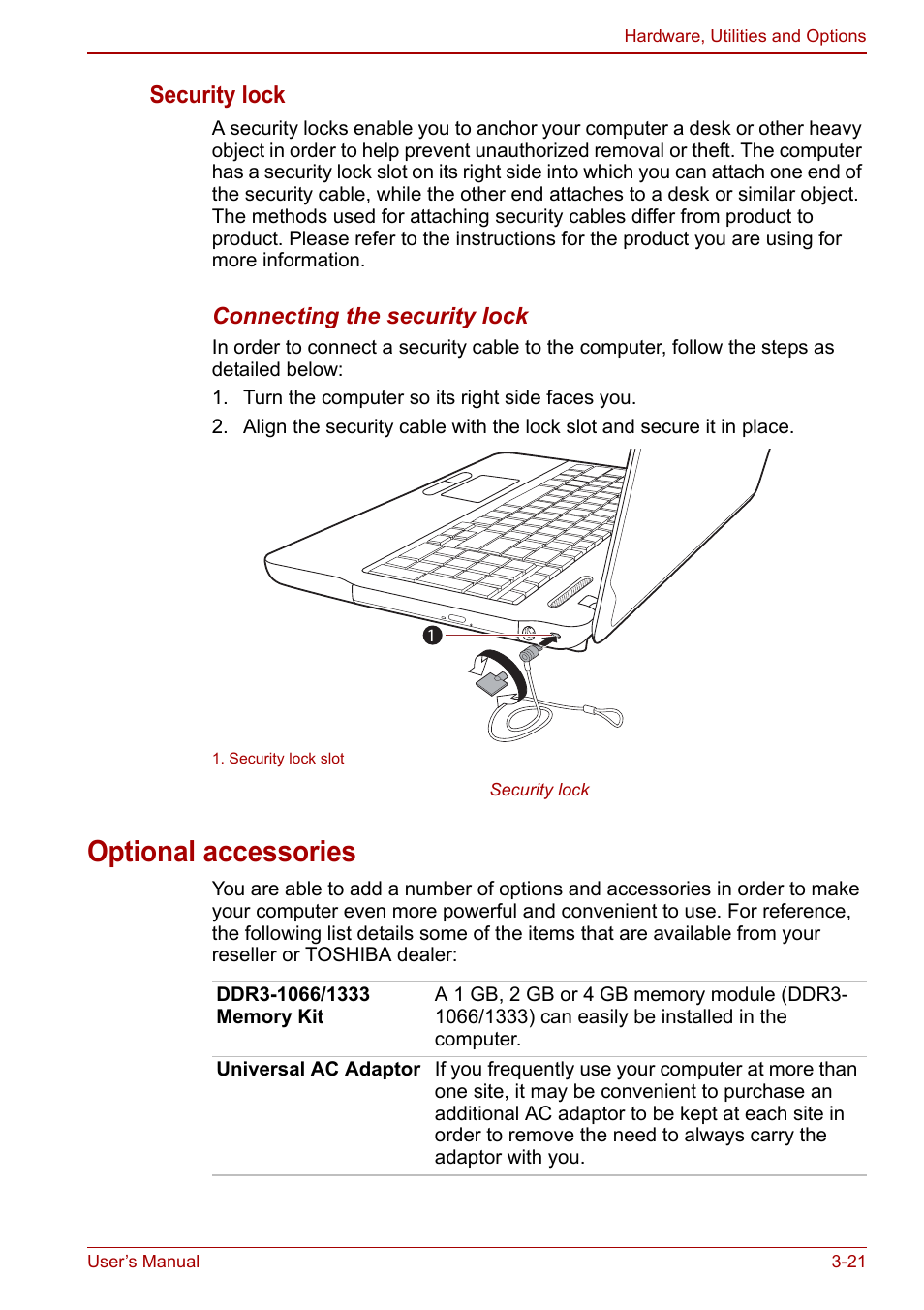 Optional accessories, Optional accessories -21, Security lock | Toshiba Satellite Pro C660D User Manual | Page 65 / 153