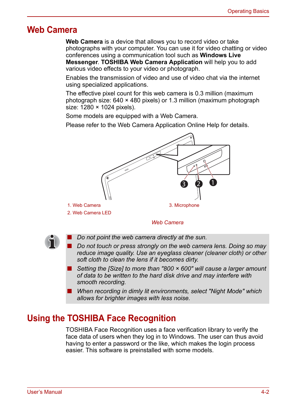 Web camera, Using the toshiba face recognition, To the | Using, The toshiba face recognition, Section | Toshiba Satellite Pro C660D User Manual | Page 68 / 153