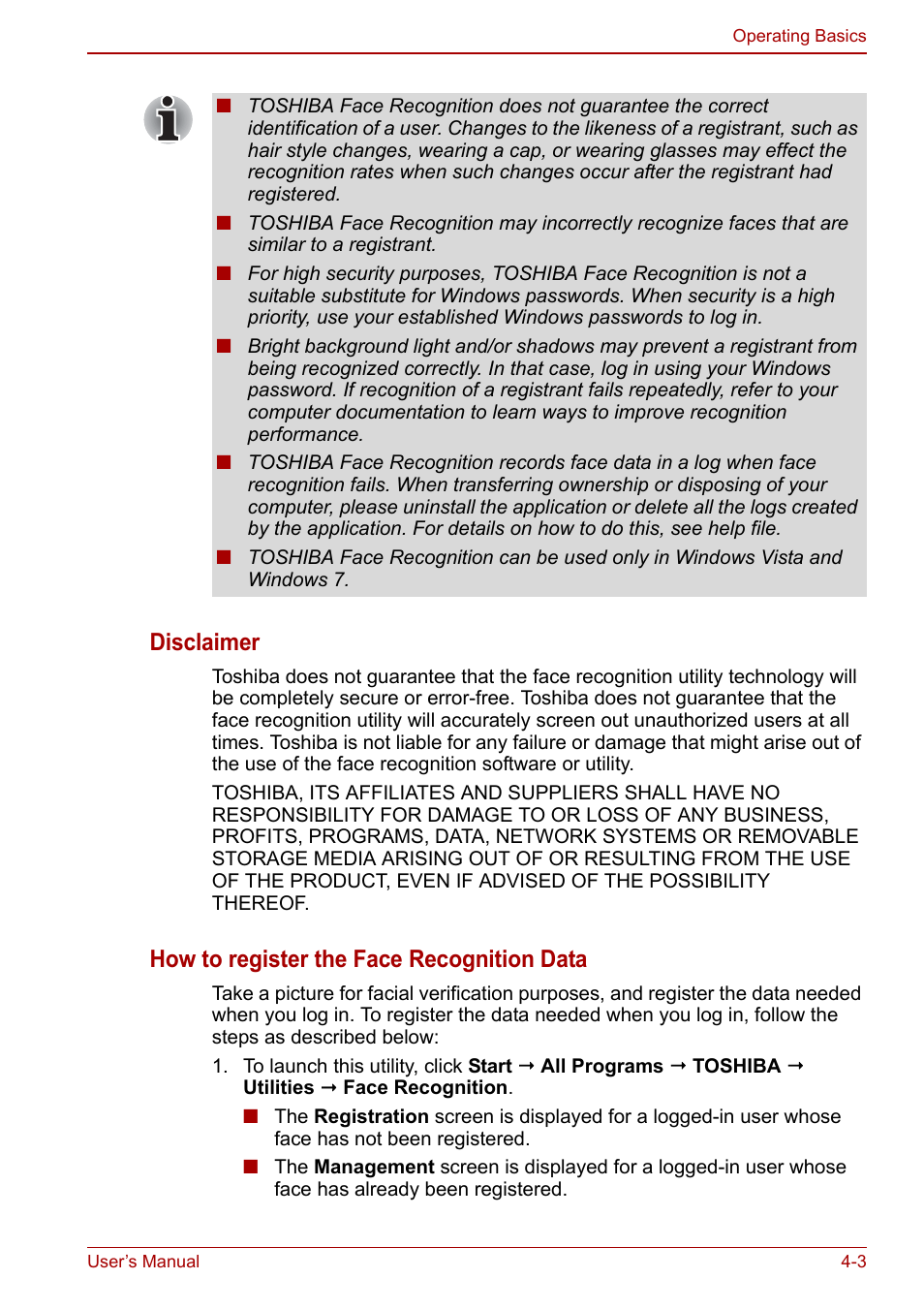 Disclaimer, How to register the face recognition data | Toshiba Satellite Pro C660D User Manual | Page 69 / 153