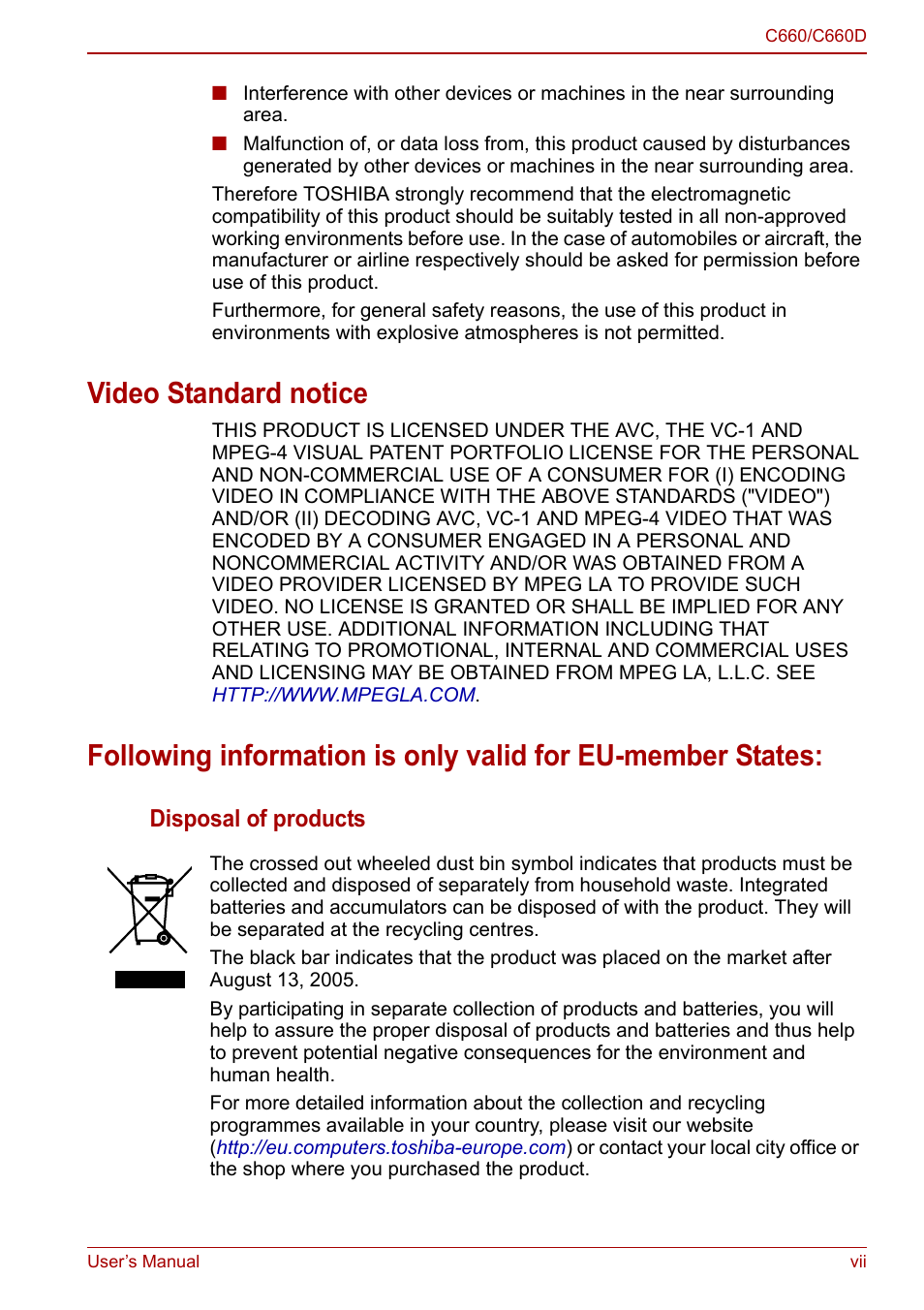 Video standard notice, Disposal of products | Toshiba Satellite Pro C660D User Manual | Page 7 / 153