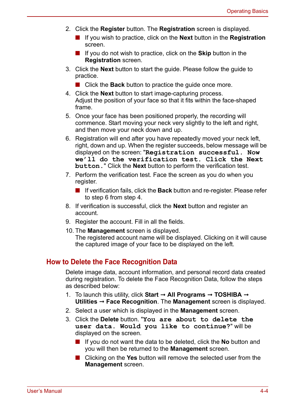 How to delete the face recognition data | Toshiba Satellite Pro C660D User Manual | Page 70 / 153