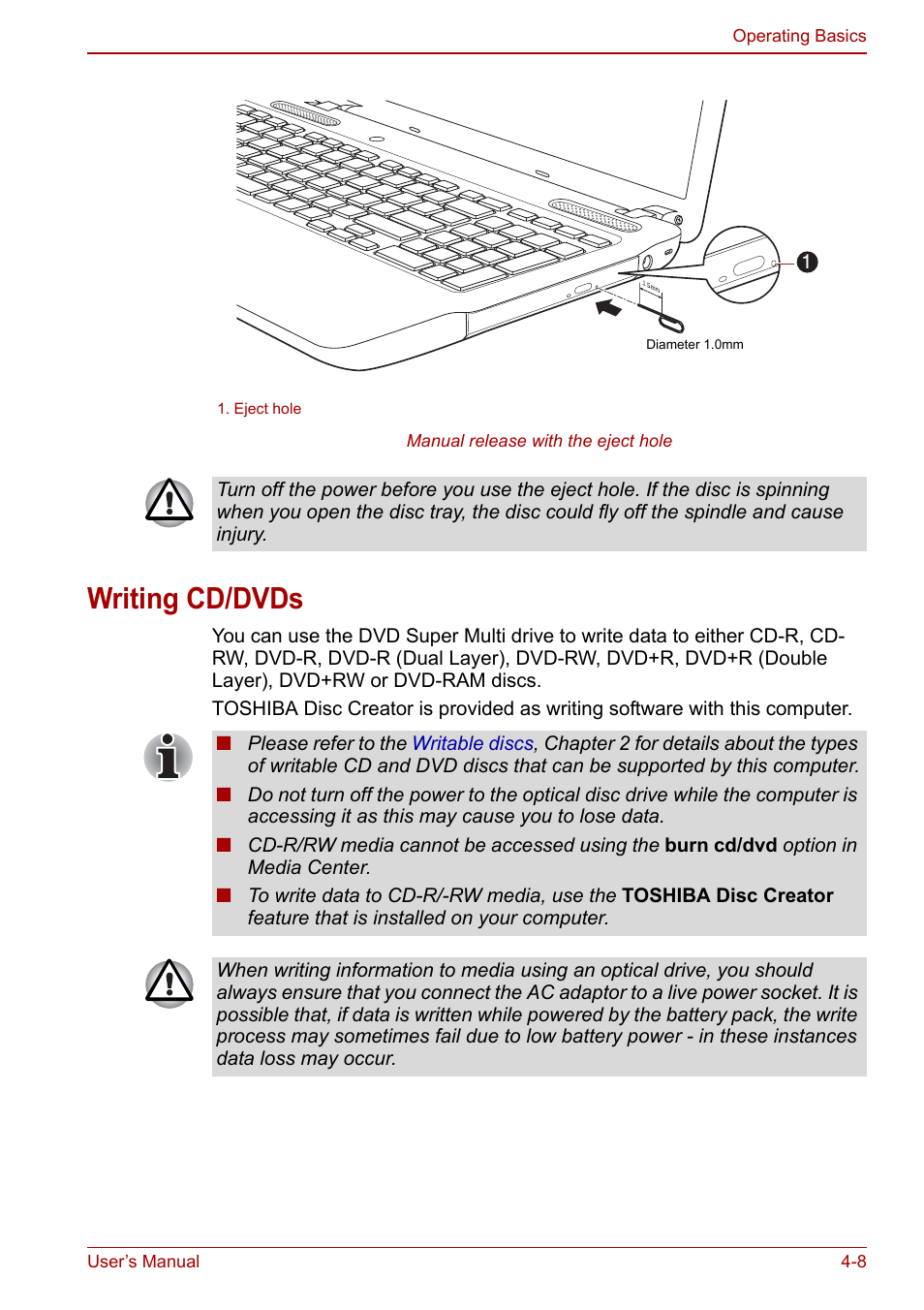 Writing cd/dvds, Writing cd/dvds -8 | Toshiba Satellite Pro C660D User Manual | Page 74 / 153