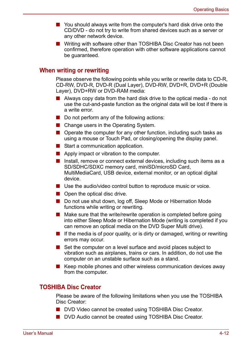 When writing or rewriting, Toshiba disc creator | Toshiba Satellite Pro C660D User Manual | Page 78 / 153