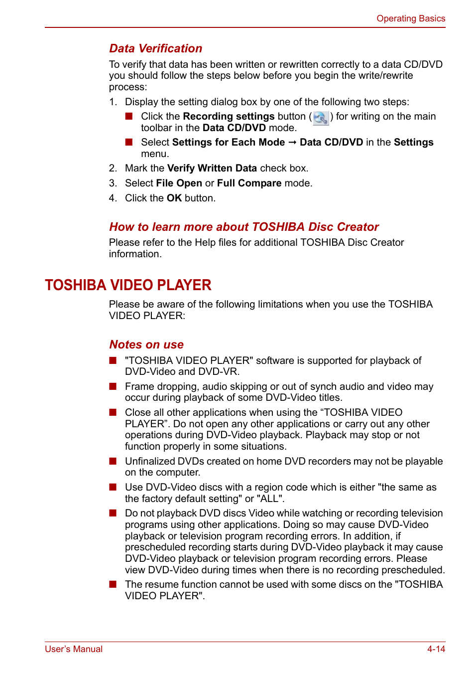 Toshiba video player, Toshiba video player -14 | Toshiba Satellite Pro C660D User Manual | Page 80 / 153