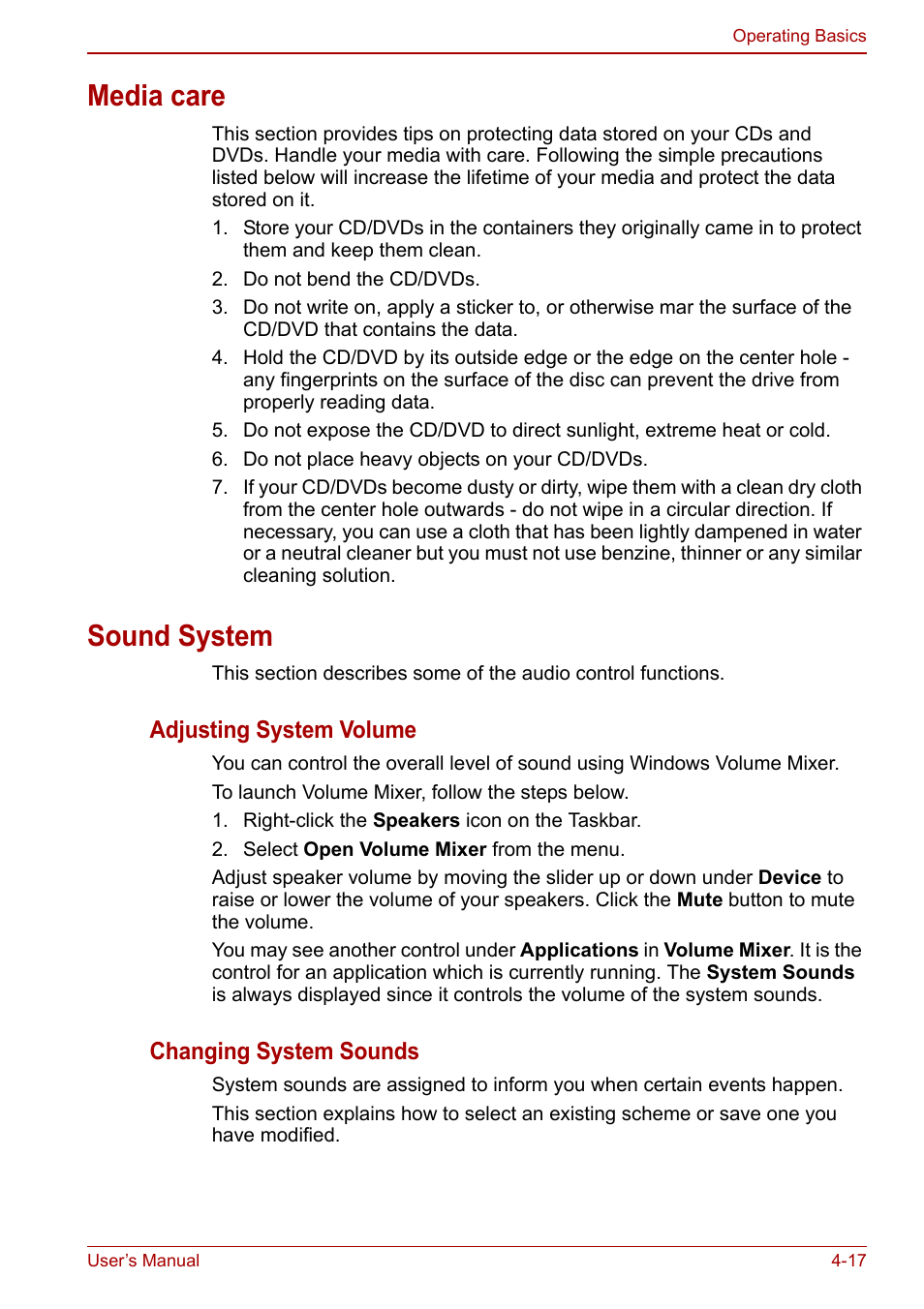 Media care, Sound system, Media care -17 sound system -17 | Toshiba Satellite Pro C660D User Manual | Page 83 / 153