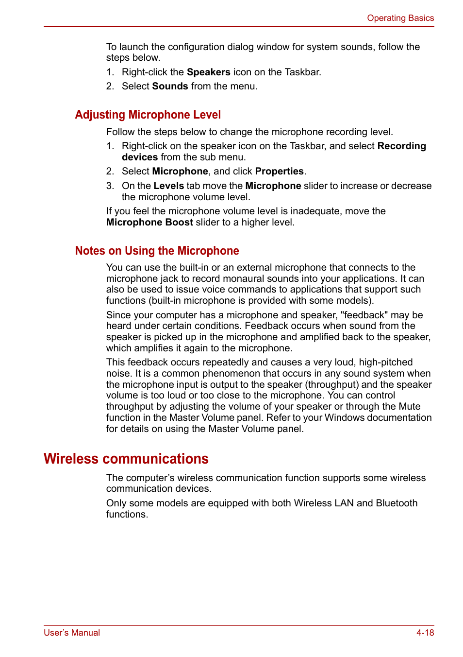 Wireless communications, Wireless communications -18, Adjusting microphone level | Toshiba Satellite Pro C660D User Manual | Page 84 / 153