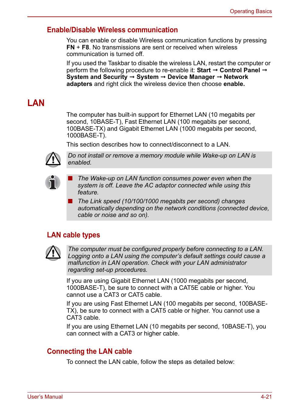 Lan -21, Enable/disable wireless communication, Lan cable types | Connecting the lan cable | Toshiba Satellite Pro C660D User Manual | Page 87 / 153