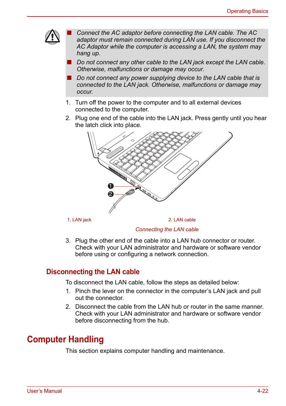 Computer handling, Computer handling -22, Disconnecting the lan cable | Toshiba Satellite Pro C660D User Manual | Page 88 / 153