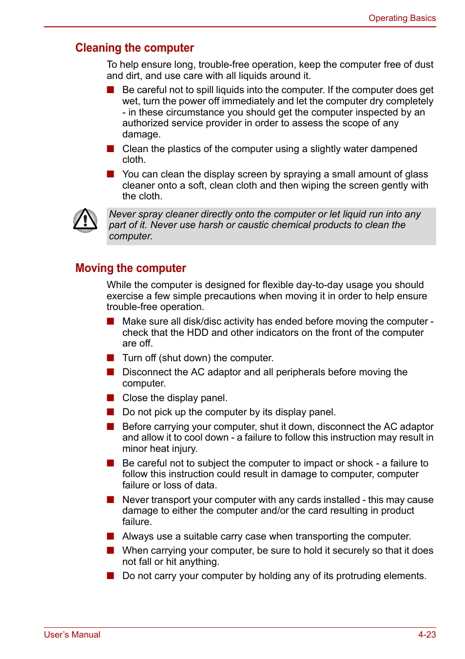 Cleaning the computer, Moving the computer | Toshiba Satellite Pro C660D User Manual | Page 89 / 153