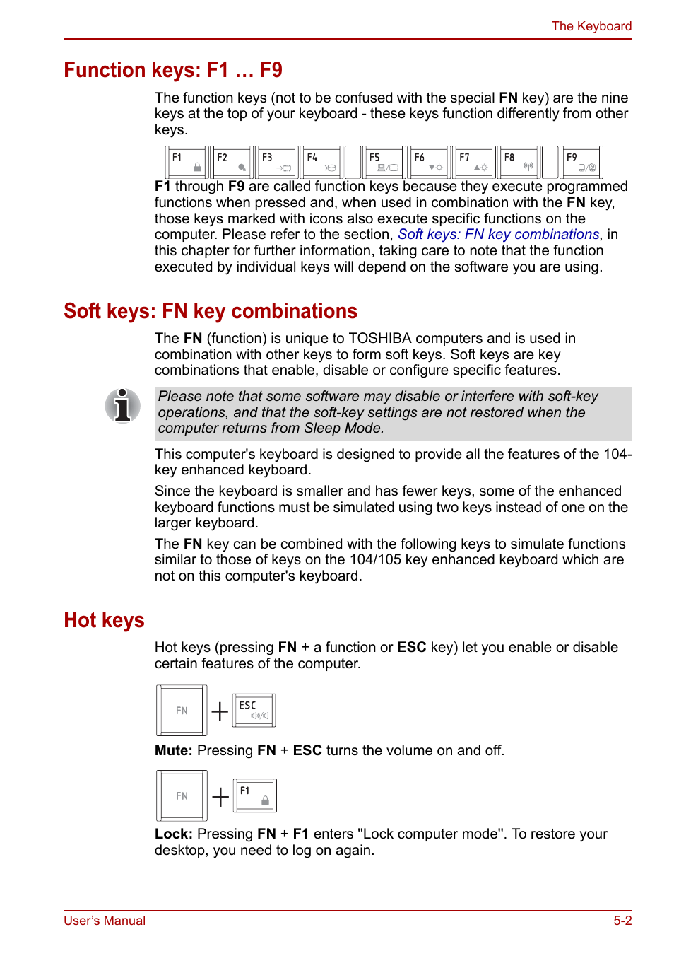 Function keys: f1 … f9, Soft keys: fn key combinations, Hot keys | Toshiba Satellite Pro C660D User Manual | Page 92 / 153