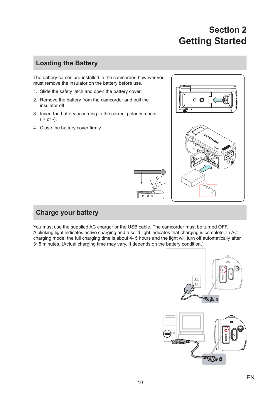 Section 2 getting started, Loading the battery, Charge your battery | Loading the battery charge your battery, Getting started | Toshiba Camileo X400 User Manual | Page 10 / 55