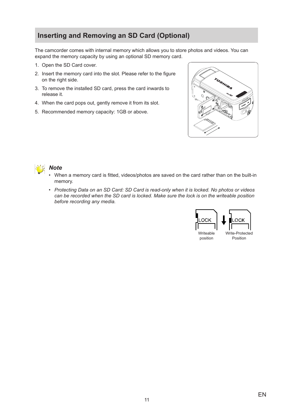 Inserting and removing an sd card (optional) | Toshiba Camileo X400 User Manual | Page 11 / 55