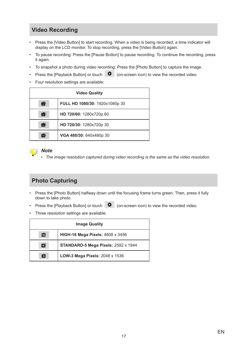 Video recording, Photo capturing, Video recording photo capturing | Toshiba Camileo X400 User Manual | Page 17 / 55