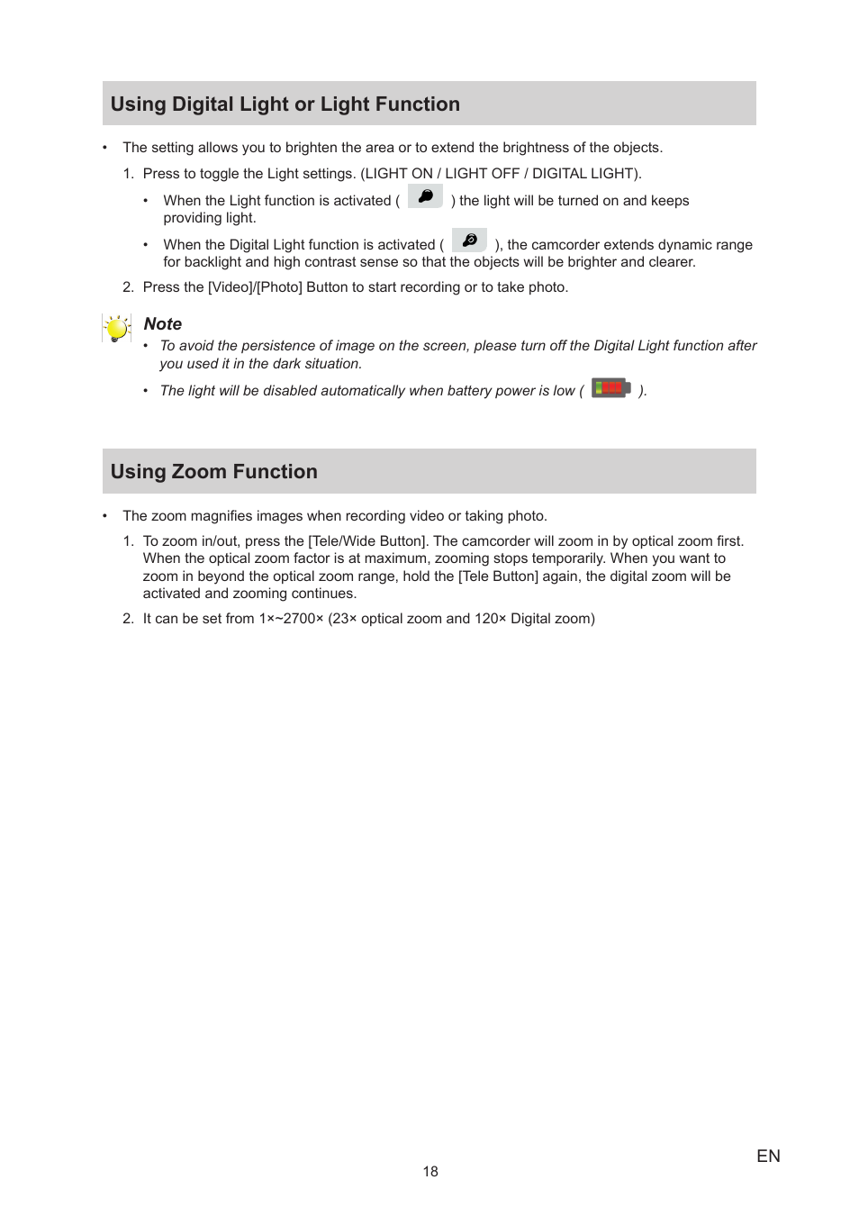 Using digital light or light function, Using zoom function | Toshiba Camileo X400 User Manual | Page 18 / 55