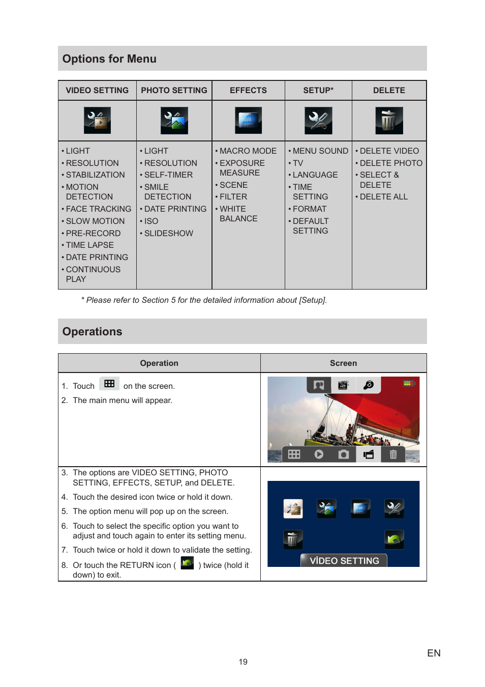 Options for menu, Operations, Options for menu operations | Toshiba Camileo X400 User Manual | Page 19 / 55