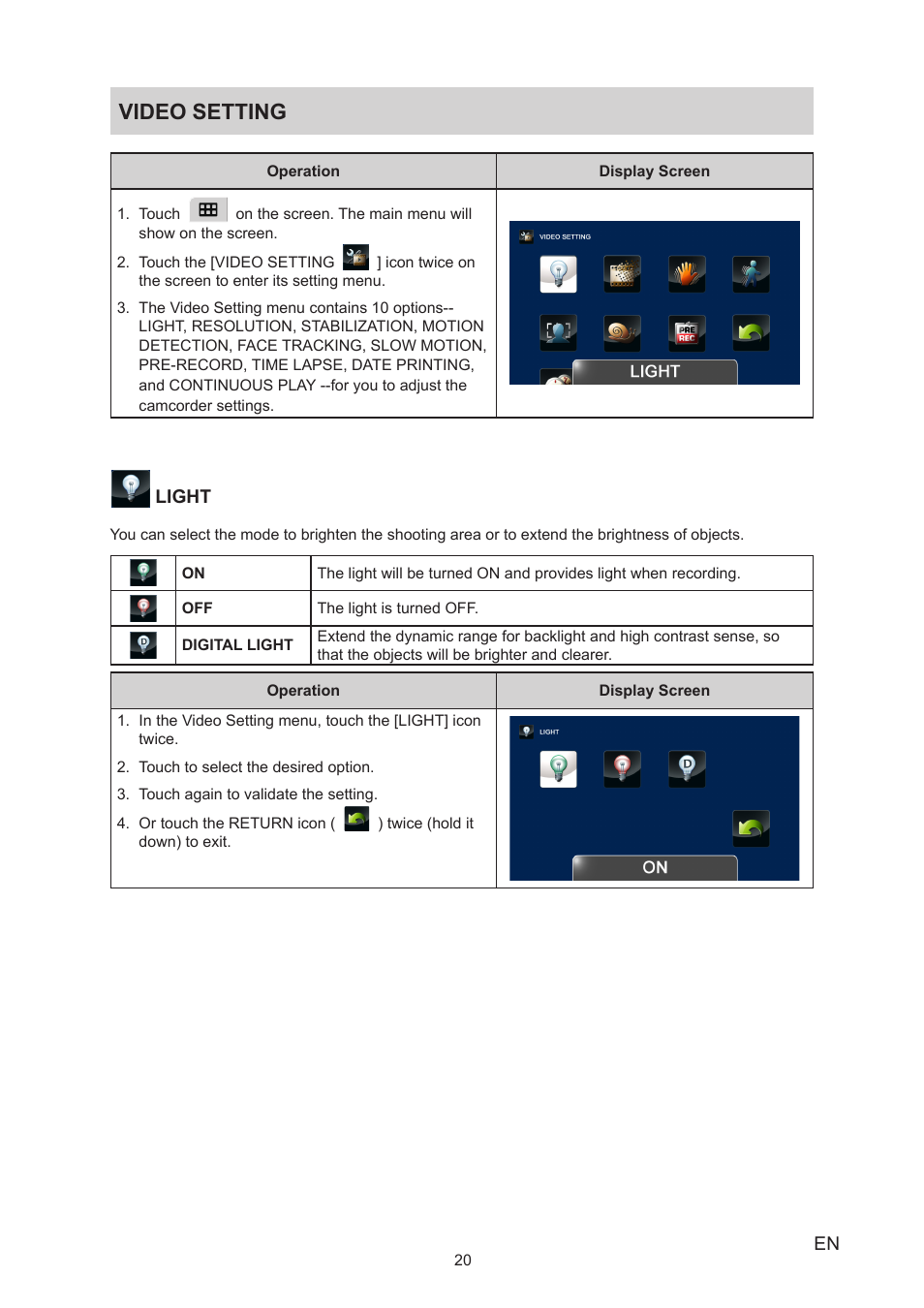 Video setting | Toshiba Camileo X400 User Manual | Page 20 / 55