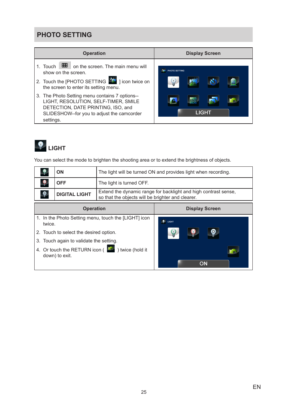 Photo setting | Toshiba Camileo X400 User Manual | Page 25 / 55