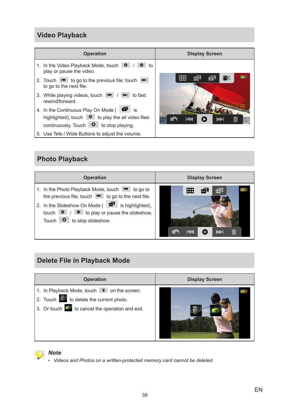 Video playback, Photo playback, Delete file in playback mode | Toshiba Camileo X400 User Manual | Page 39 / 55