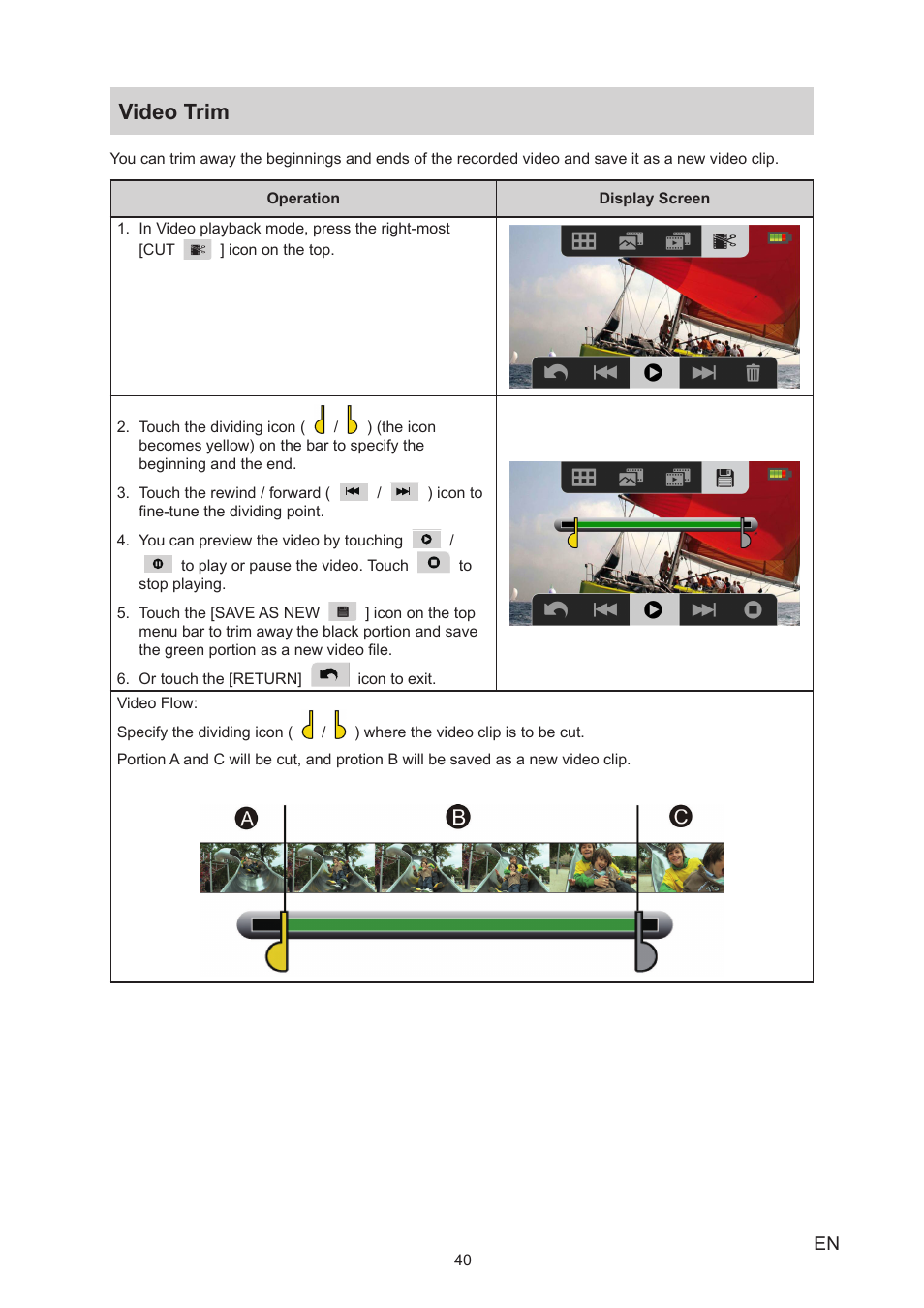 Video trim | Toshiba Camileo X400 User Manual | Page 40 / 55