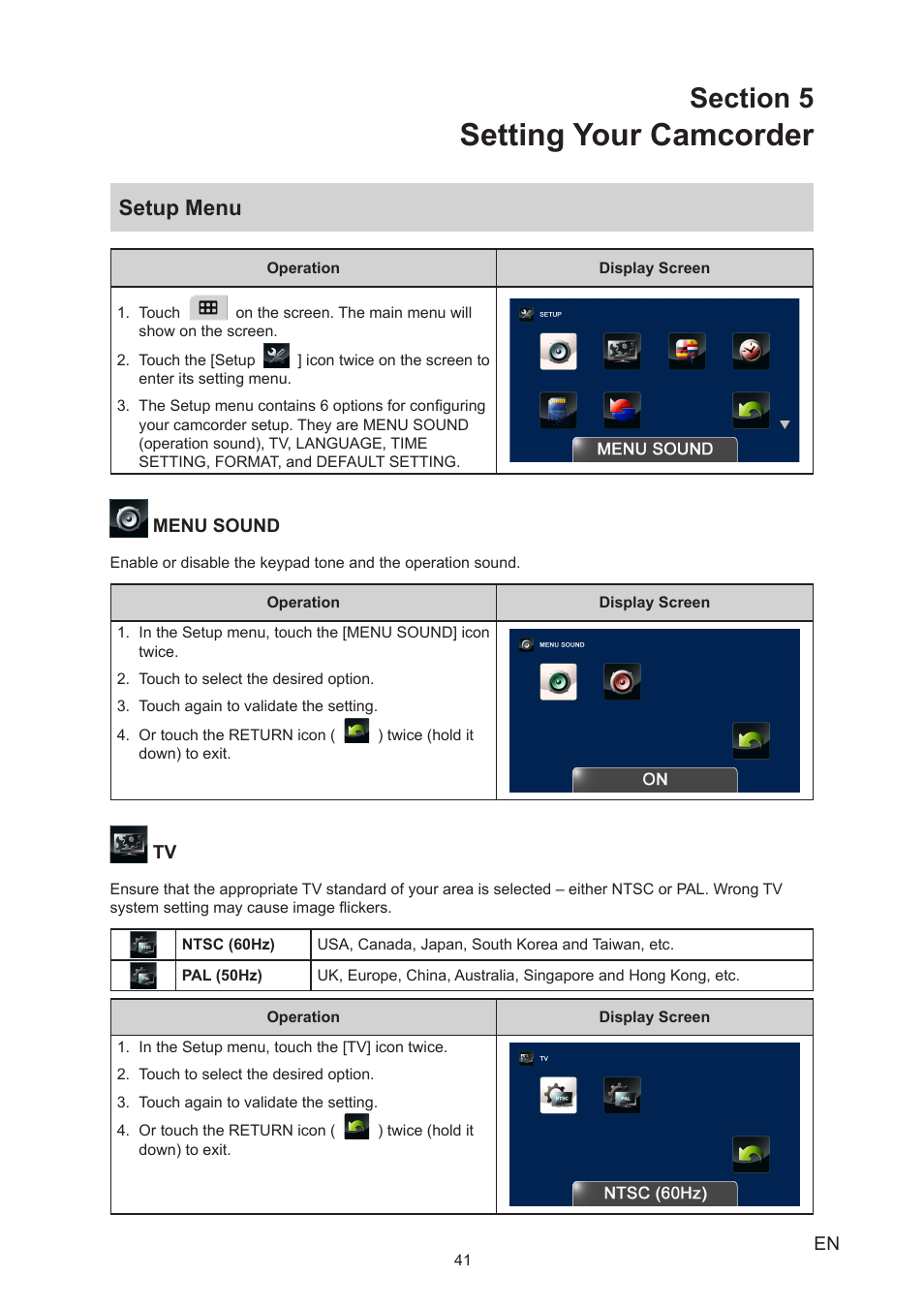 Section 5 setting your camcorder, Setup menu, Setting your camcorder | Toshiba Camileo X400 User Manual | Page 41 / 55