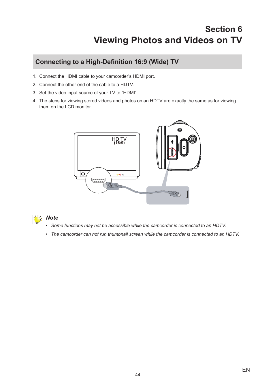 Section 6 viewing photos and videos on tv, Connecting to a high-definition 16:9(wide) tv, Connecting to a high-definition 16:9 (wide) tv | Viewing photos and videos on tv | Toshiba Camileo X400 User Manual | Page 44 / 55