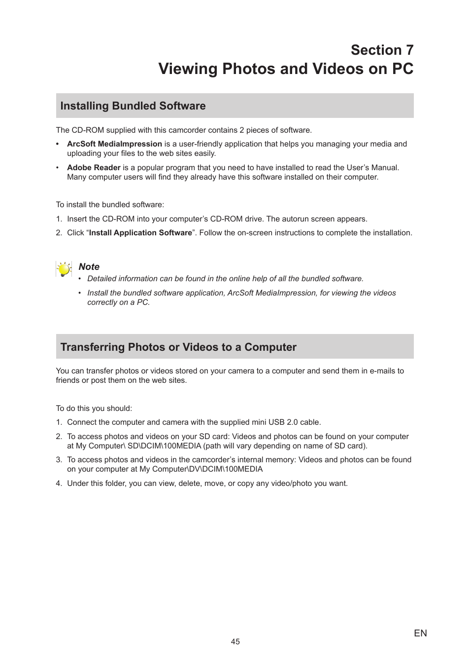 Section 7 viewing photos and videos on pc, Installing bundled software, Transferring photos or videos to a computer | Viewing photos and videos on pc | Toshiba Camileo X400 User Manual | Page 45 / 55