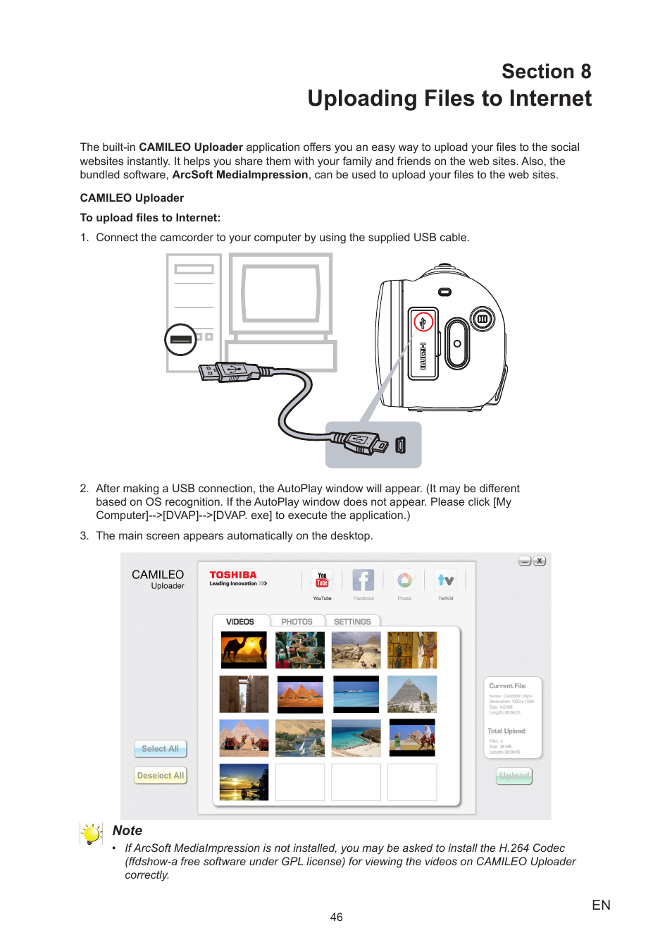 Section 8 uploading files to internet, Uploading files to internet | Toshiba Camileo X400 User Manual | Page 46 / 55