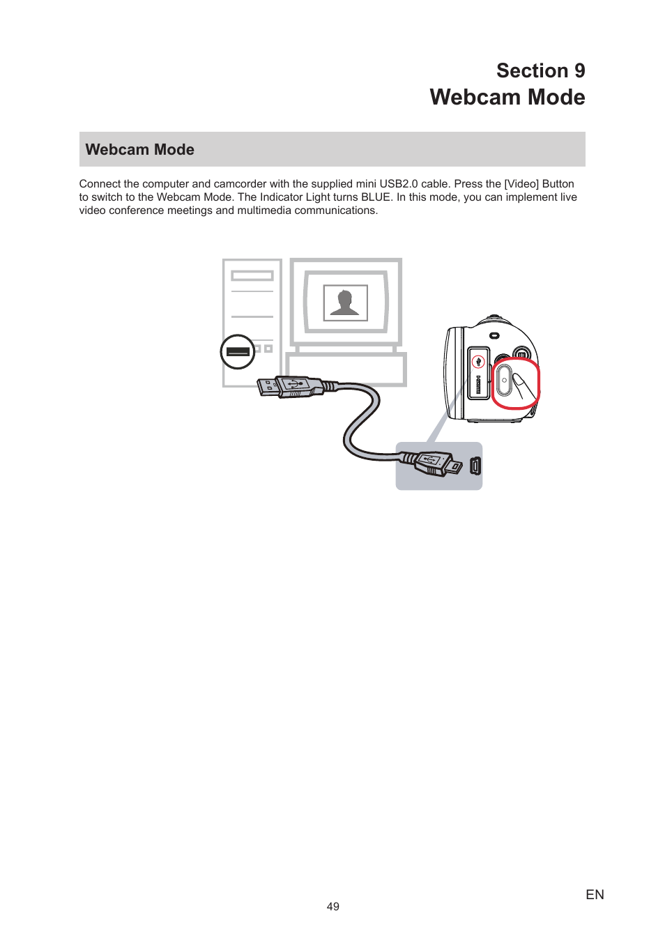 Section 9 webcam mode, Webcam mode | Toshiba Camileo X400 User Manual | Page 49 / 55