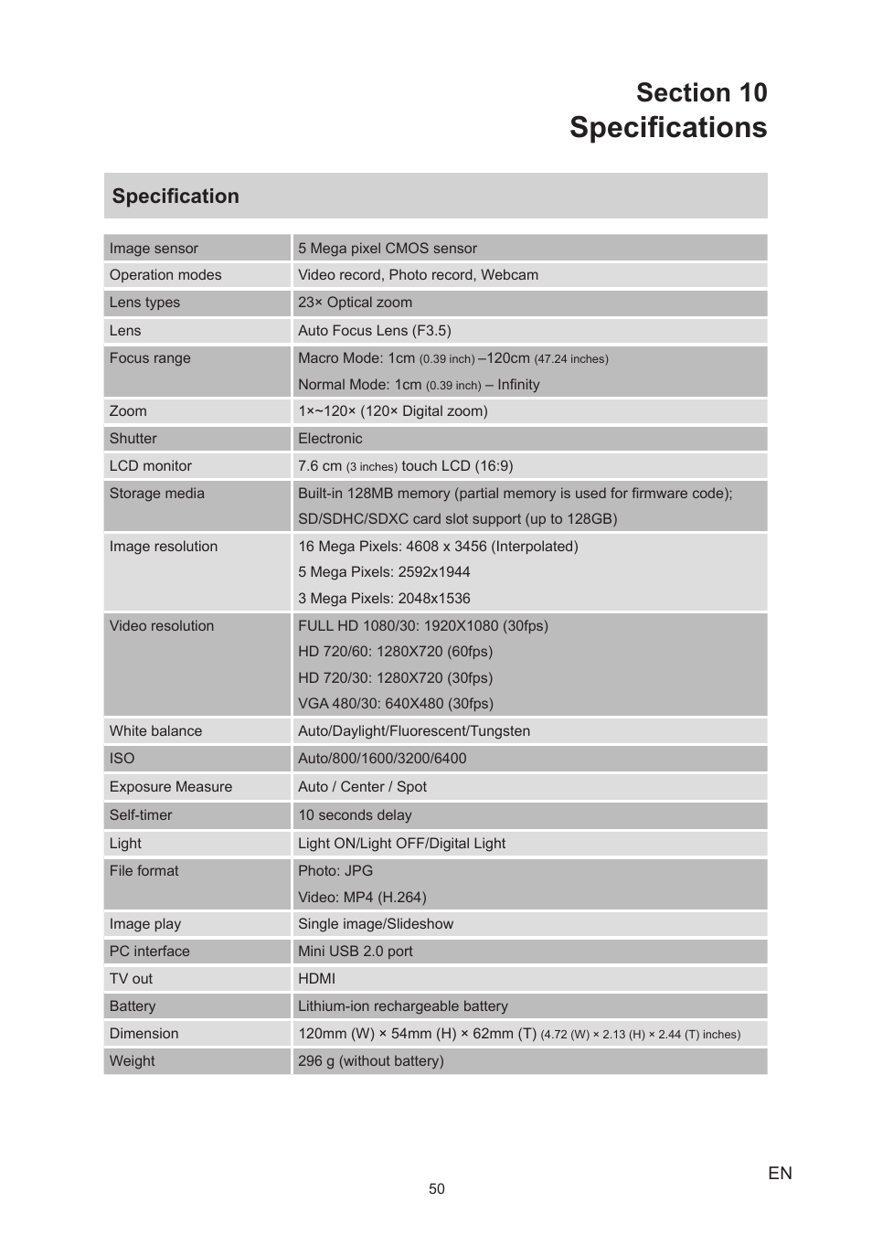 Section 10 specifications, Specifications, Specification | Toshiba Camileo X400 User Manual | Page 50 / 55