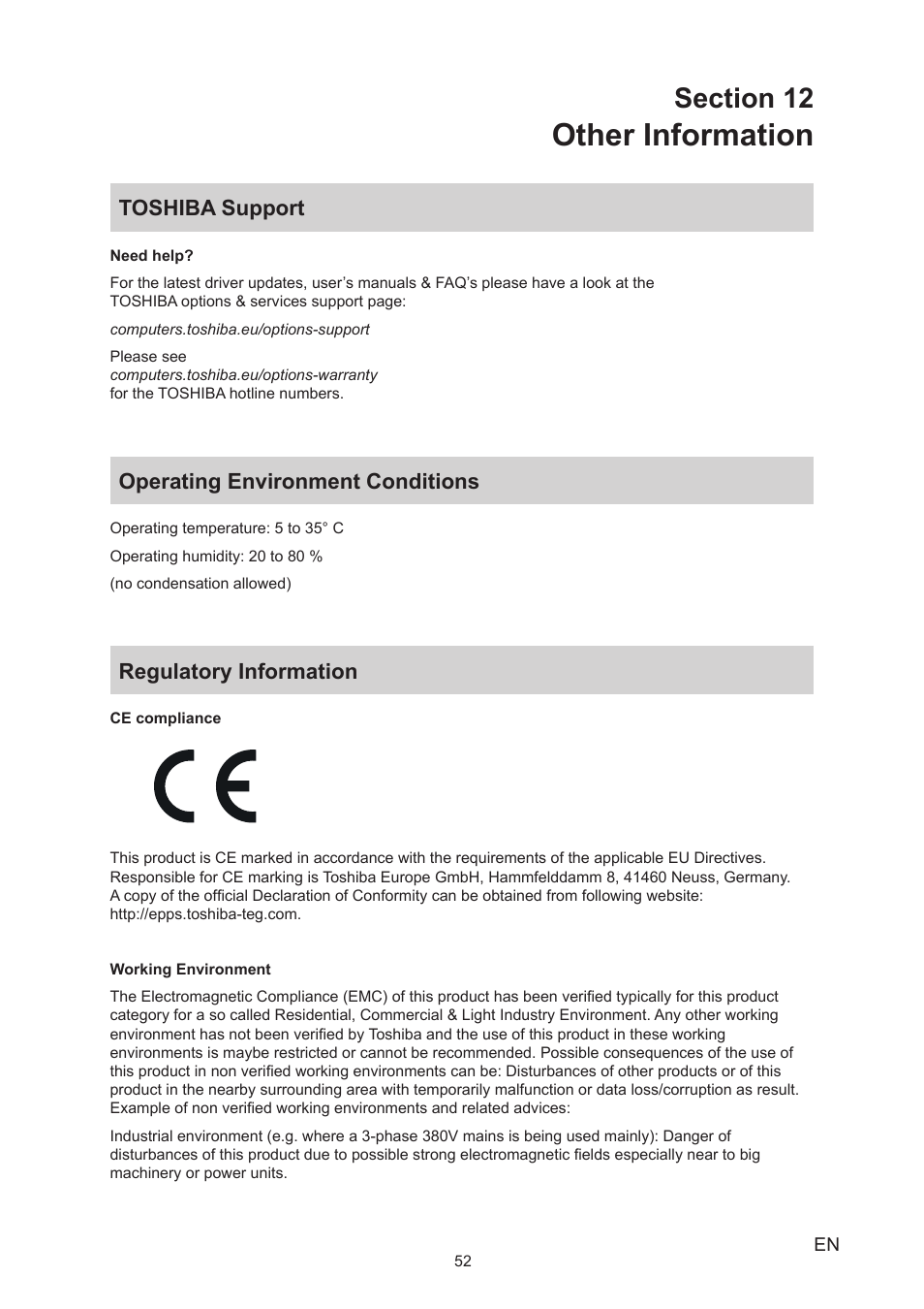 Section 12 other information, Toshiba support, Operating environment conditions | Regulatory information, Other information | Toshiba Camileo X400 User Manual | Page 52 / 55